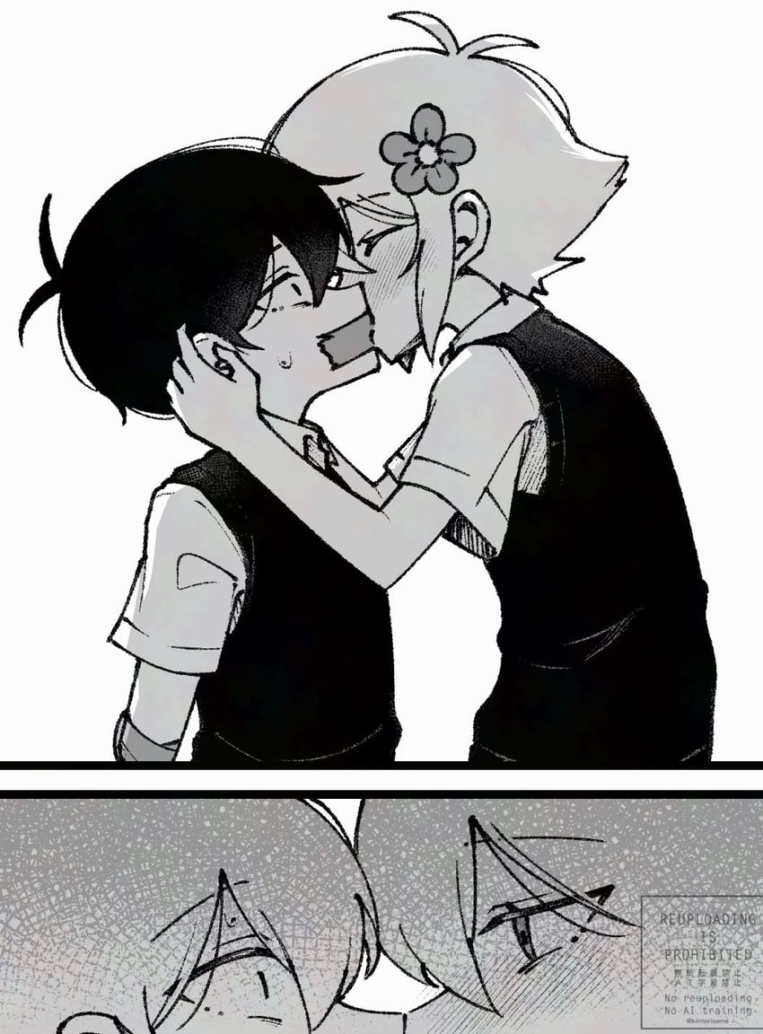 OMORI、Basil (OMORI)、Basil (OMORI) 2个男孩 两格漫画 呆毛 闭眼 有领衬衫