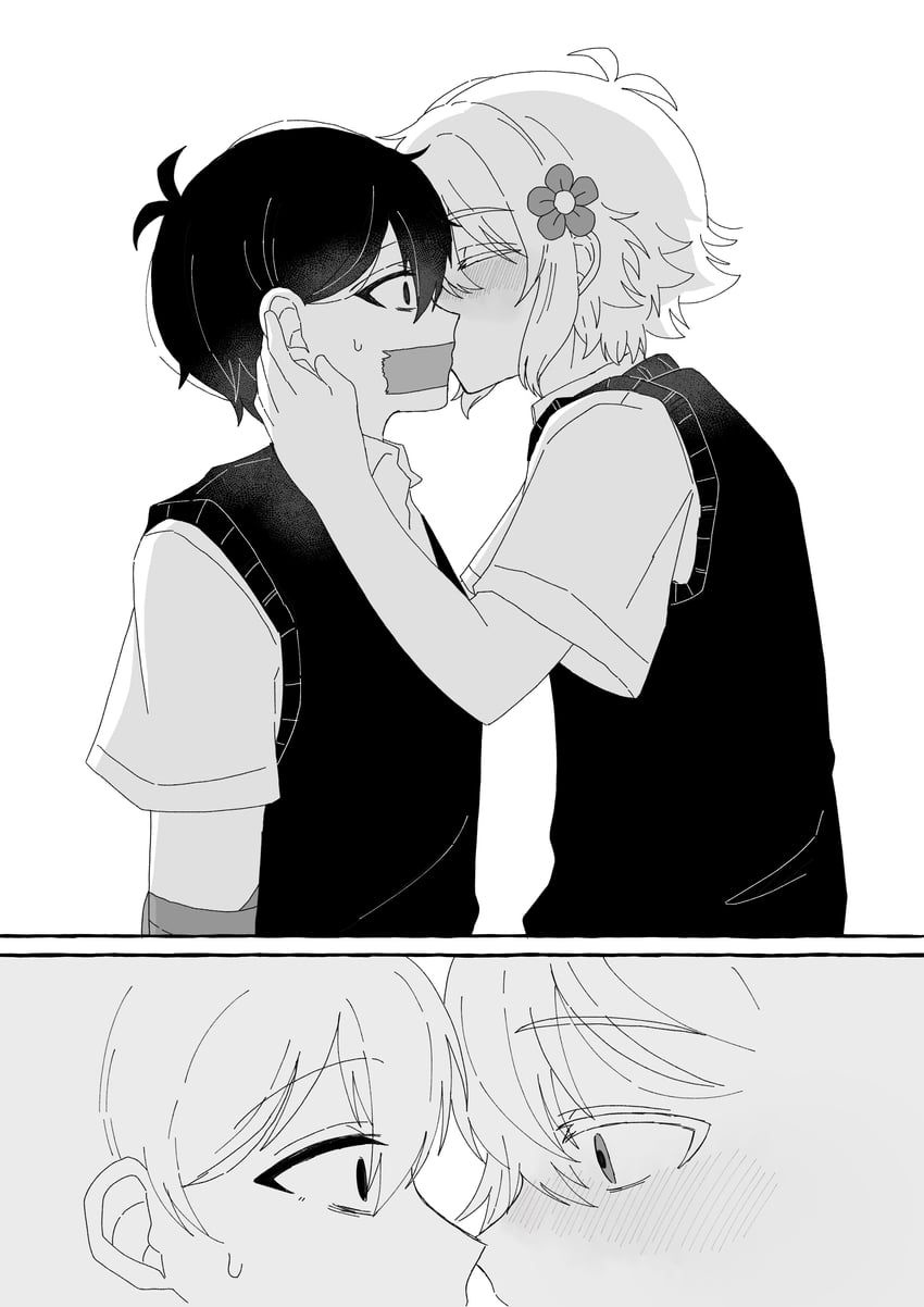 OMORI、Basil (OMORI)、Basil (OMORI) 2个男孩 两格漫画 呆毛 闭眼 有领衬衫