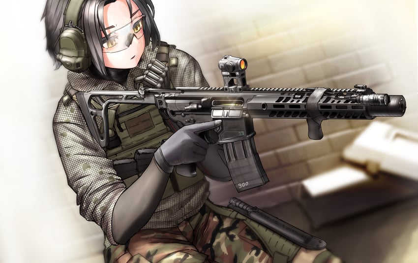 原创 1名女孩 弹药袋 突击步枪 黑色手套 模糊
