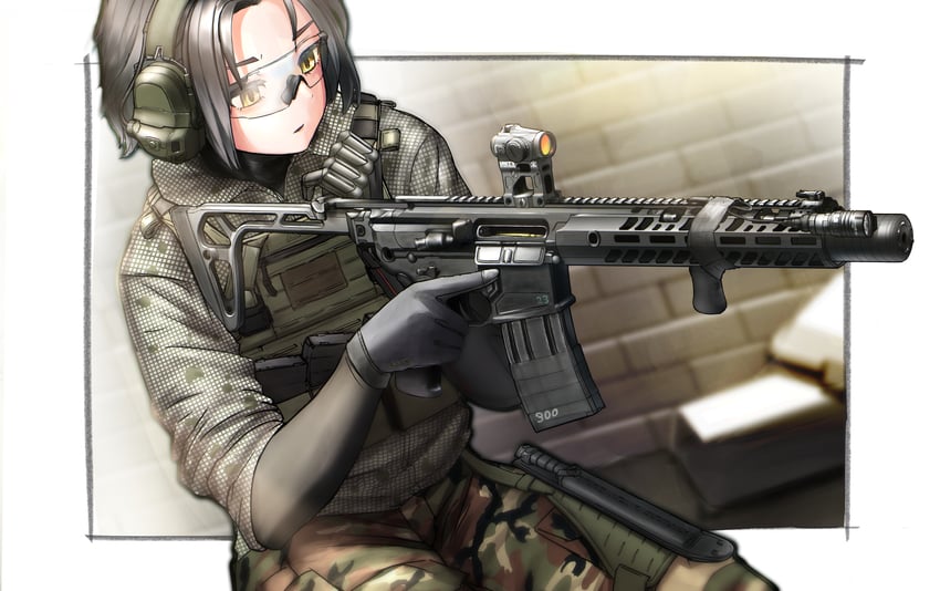 原创 1名女孩 弹药袋 突击步枪 黑色手套 模糊