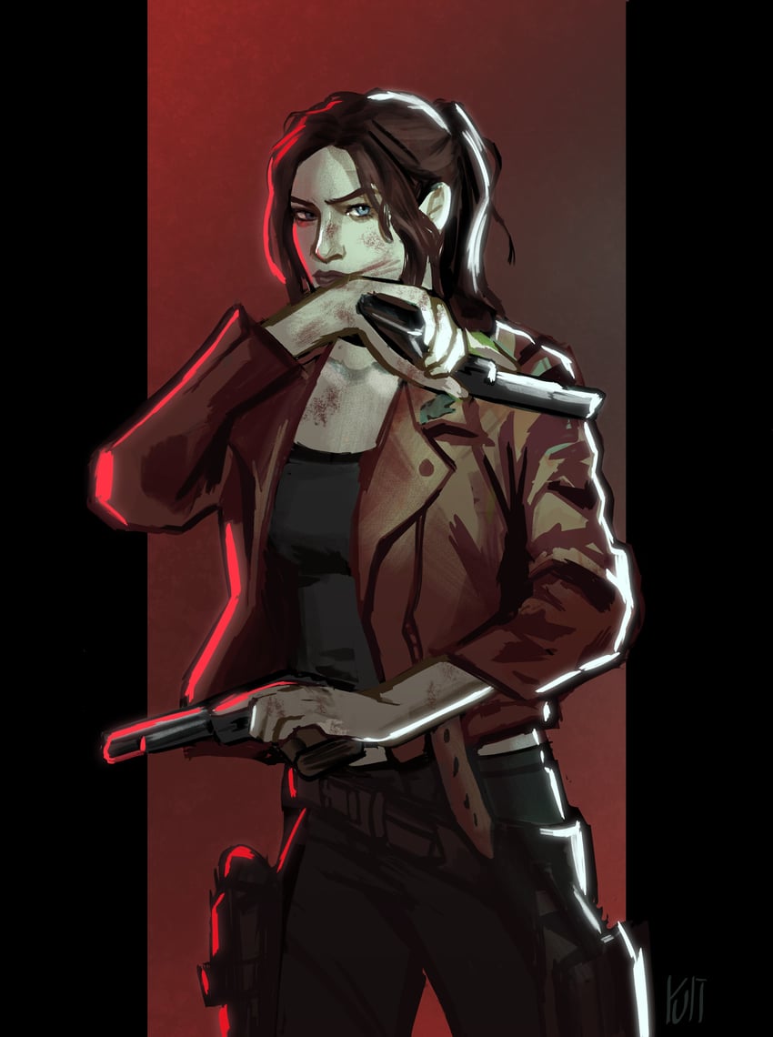 生化危机、resident evil veronica、克莱尔·雷德菲尔德 1名女孩 黑裤子 黑衬衫 血 手臂上的血