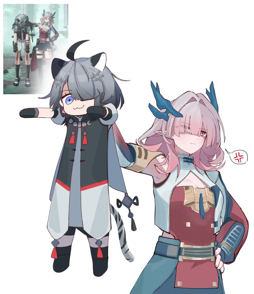 明日方舟、明日方舟：终末地、弥伏 (明日方舟) 2名女孩 猫脸笑 青筋 兽耳 腋下