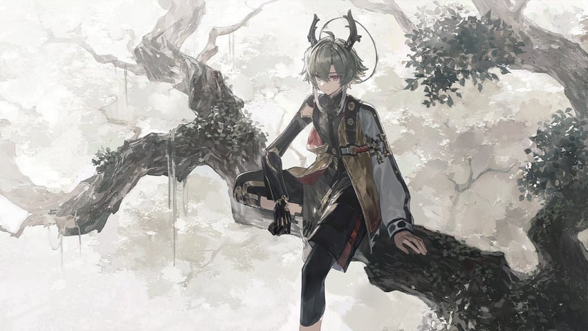 明日方舟、明日方舟：终末地、栗丰 (明日方舟) 1名男孩 树枝 恶魔男孩 恶魔角 绿发