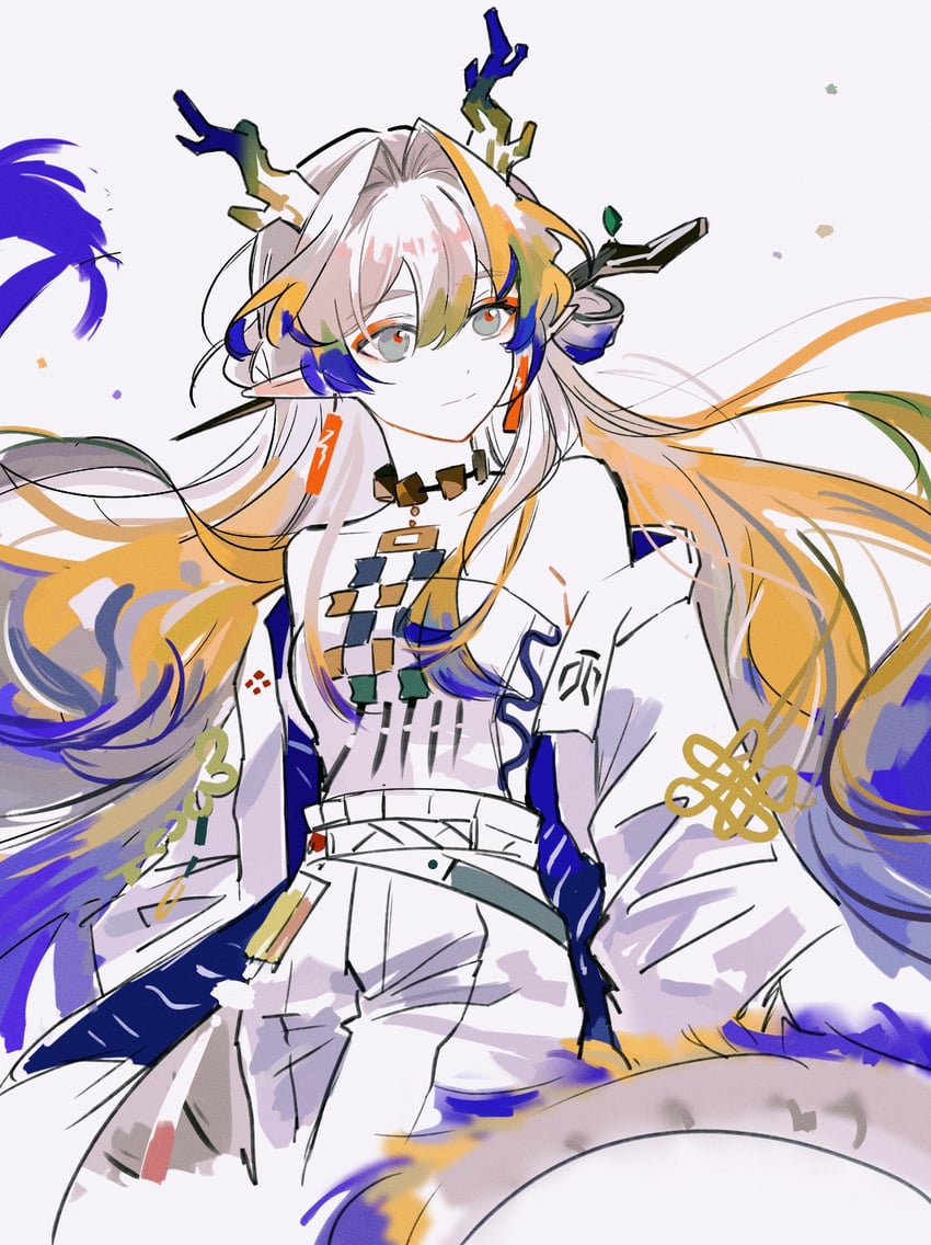 明日方舟、黍 (明日方舟) 1名女孩 露肩 金发 蓝发 闭嘴