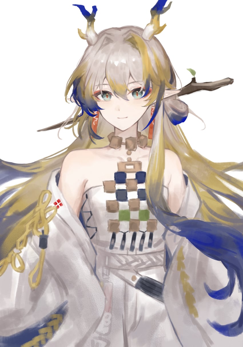 明日方舟、黍 (明日方舟) 1名女孩 露肩 金发 蓝发 闭嘴