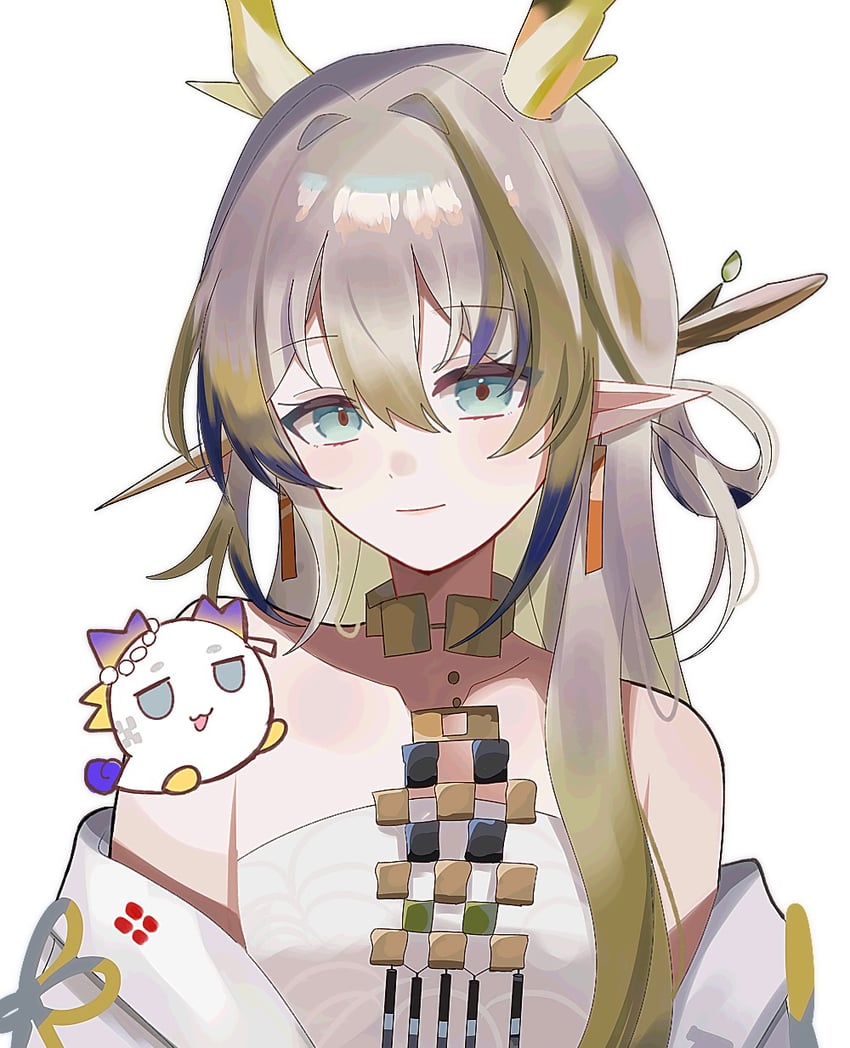 明日方舟、黍 (明日方舟) 1名女孩 露肩 金发 蓝发 闭嘴