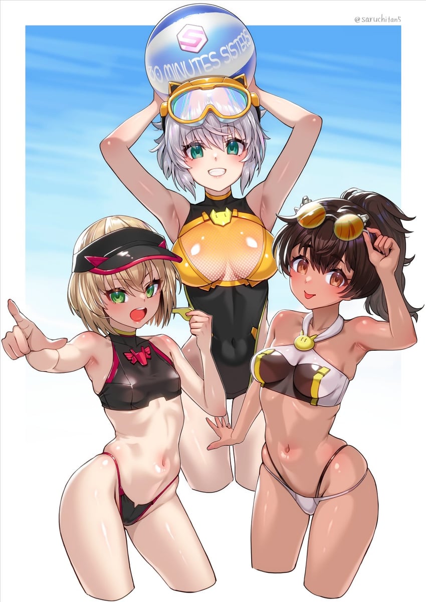 二次元插画 3人女子 球 比基尼 黑色文胸 胸罩