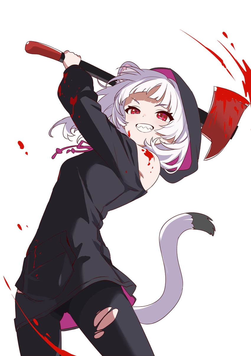 二次元插画 1名女孩 斧头 黑裤子 黑衬衫 血