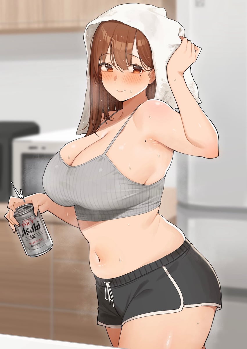 原创、OL酱 (udon) 1名女孩 啤酒罐 黑色短裤 脸红 乳房