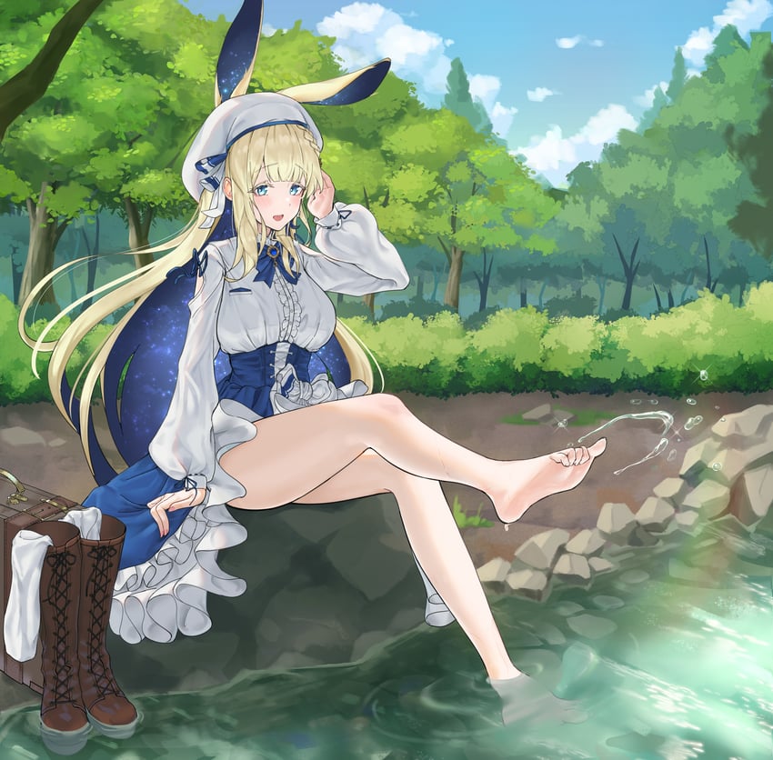 原创、blonde rabbit girl (jinsound) 1名女孩 兽耳 裸腿 赤脚 贝雷帽