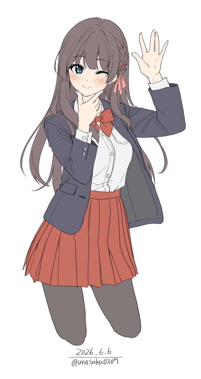 原创 1名女孩 黑色夹克 黑色连裤袜 蓝眼 脸红