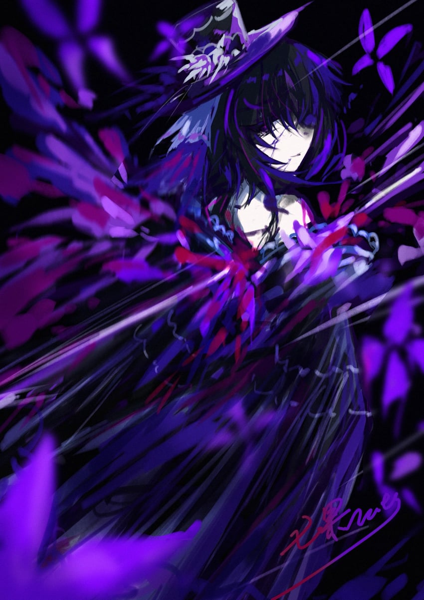 魔法少女的小镇审判、宝钟玛歌 作者名 露肩 黑色手套 黑发 黑帽子