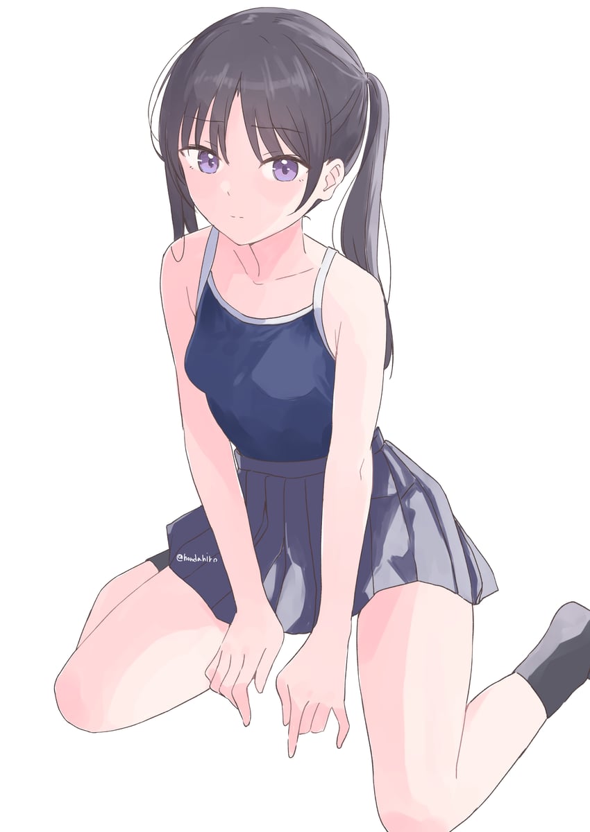 原创 1名女孩 露肩 黑发 蓝色连体泳衣 脸红