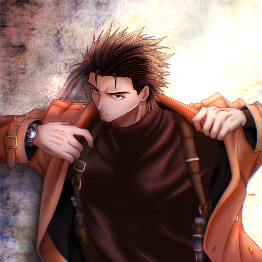 勇者的败类、yashiro (scum of the brave) 1名男孩 黑衬衫 棕发 外套 胡须