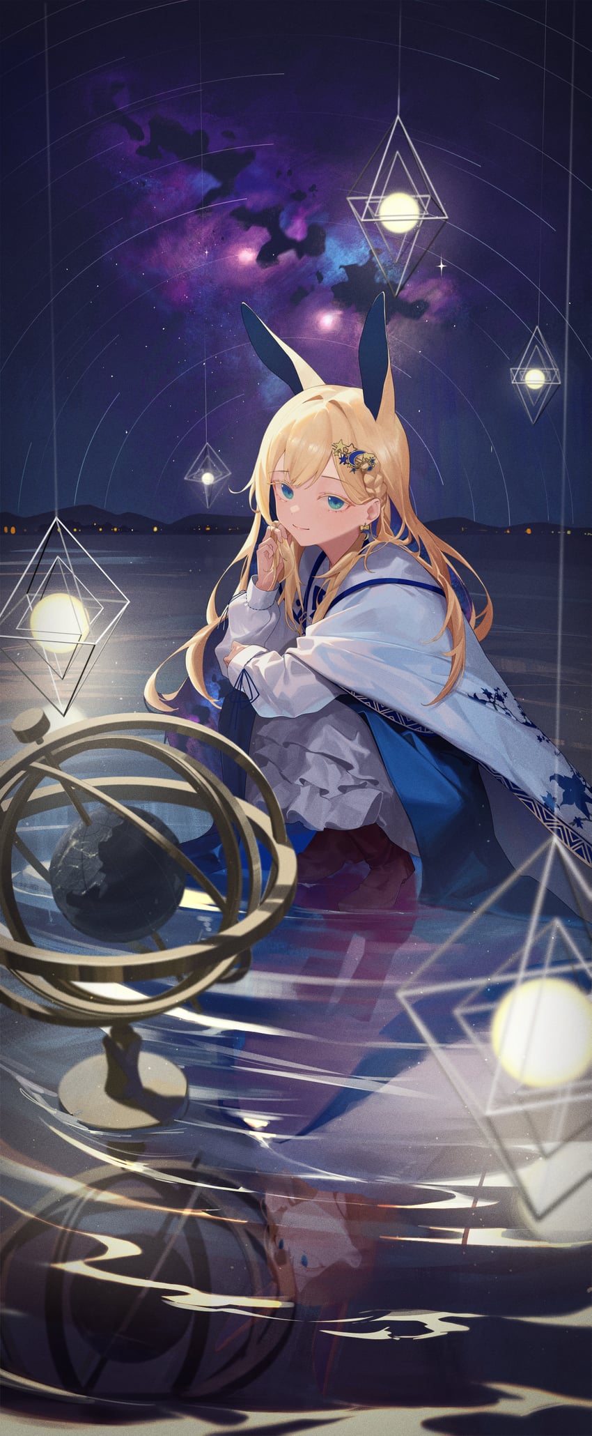 原创、blonde rabbit girl (jinsound) 1名女孩 兽耳 浑天仪 金发 蓝色蝴蝶结