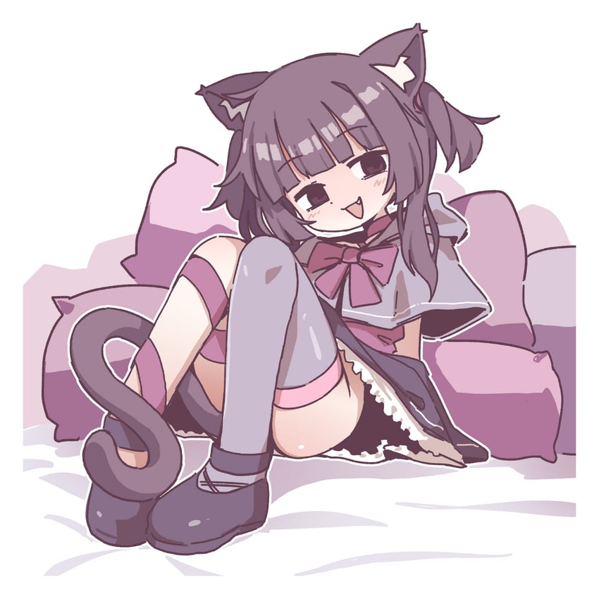 二次元插画 1名女孩 兽耳 蝴蝶结 小披肩 猫耳