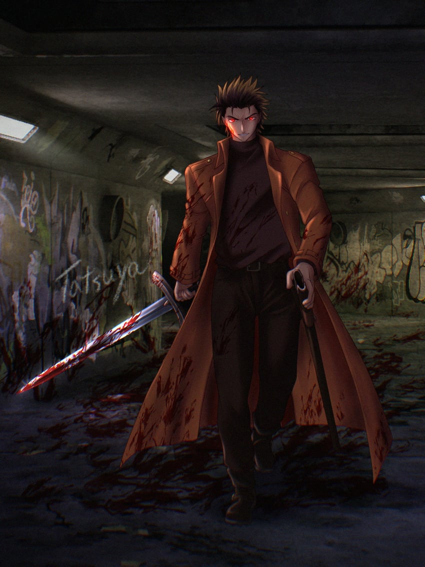 勇者的败类、yashiro (scum of the brave) 1名男孩 黑裤子 黑衬衫 血 武器上有血