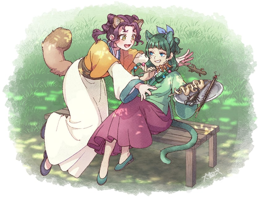 药屋少女的呢喃、猫猫 (药屋少女的呢喃)、志水 (药师少女的独语) 2名女孩 兽耳 珠子项链 珠子 长椅