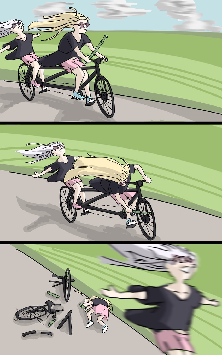 超辉夜姬!、辉夜 (超辉夜姬!)、留奈美八千代 2名女孩 三格漫画 baton roue (meme) 自行车 黑衬衫
