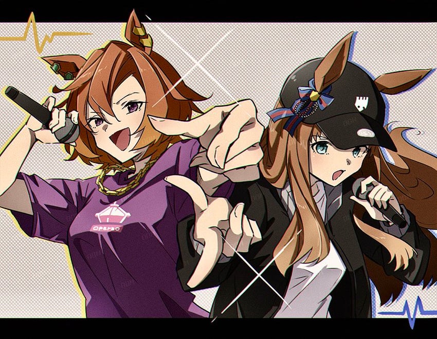 赛马娘、赛马娘三四事、草上飞(赛马娘) 2名女孩 兽耳 棒球帽 黑色夹克 蓝眼