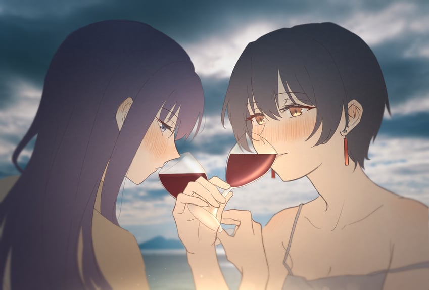 神稻牡丹：醉态如百合之花、张君兰、郡上奏 2名女孩 酒 黑发 蓝眼 脸红