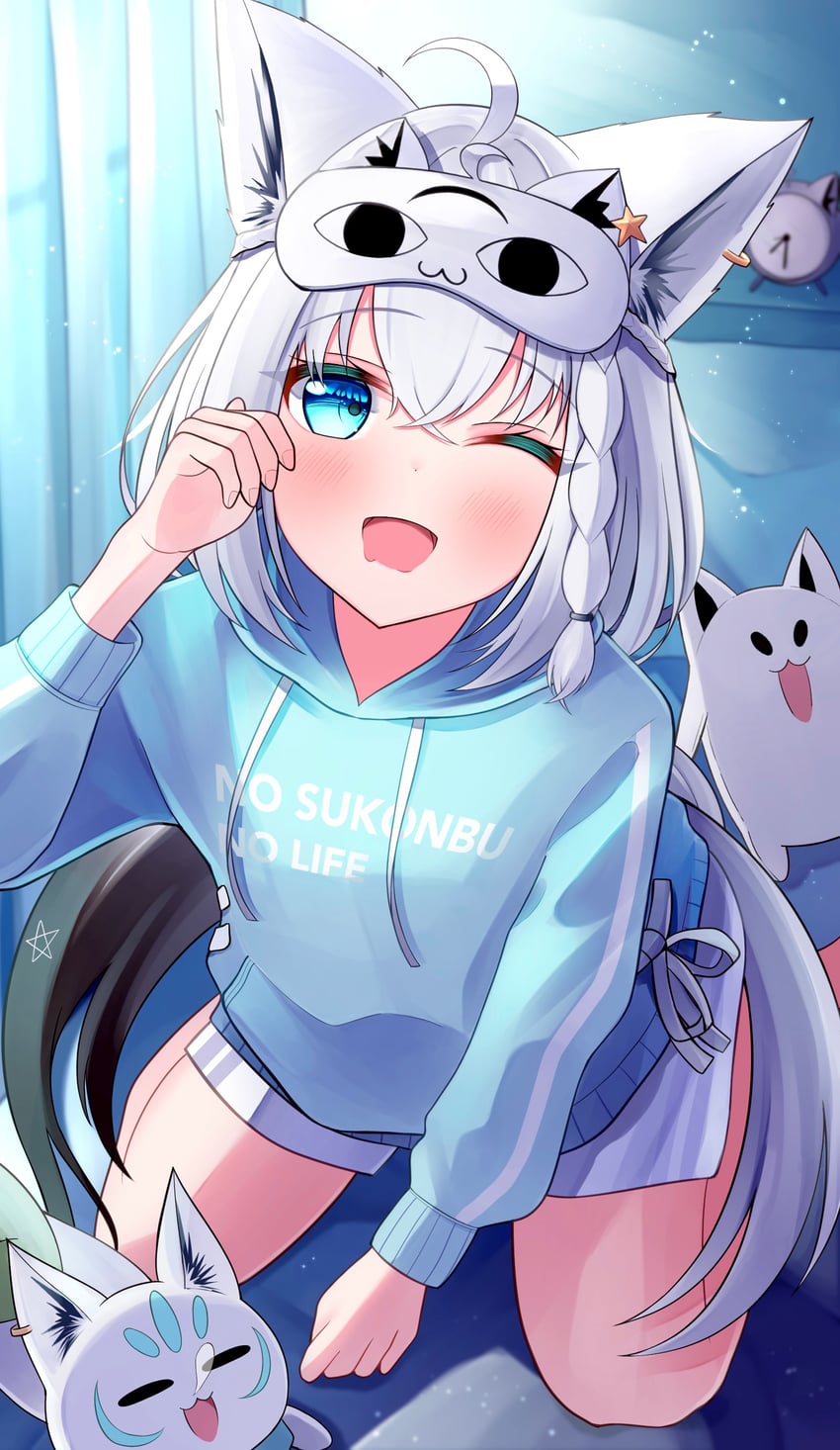 Hololive、吹雪吉拉、正在看着呢 (白上吹雪) 1名女孩 ;) 呆毛 闹钟 兽耳毛