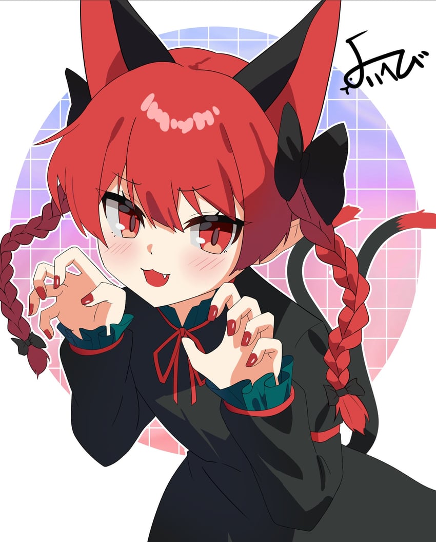 东方Project、火焰猫燐 1名女孩 猫脸笑 兽耳 黑色蝴蝶结 黑色连衣裙