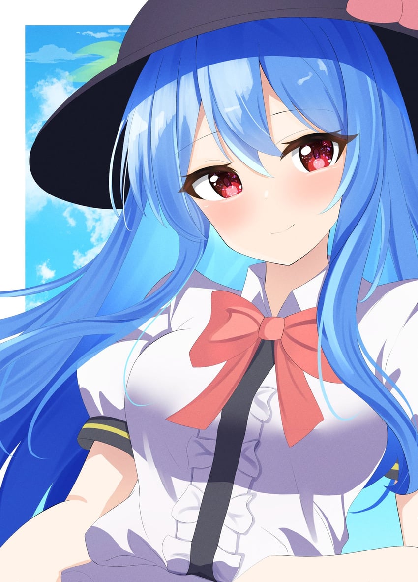 东方Project、比那名居天子 1名女孩 黑帽子 蓝发 蓝天 脸红