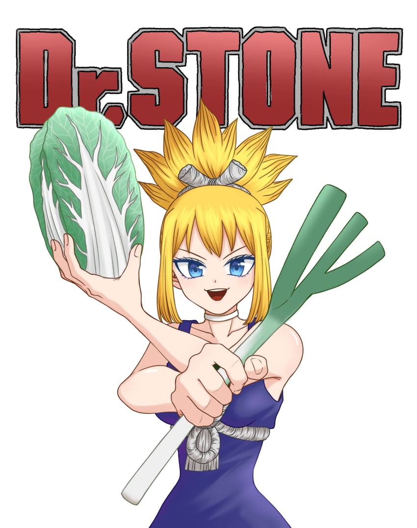 石纪元、琥珀 (Dr. STONE) 1名女孩 金发 蓝色连衣裙 蓝眼 乳房