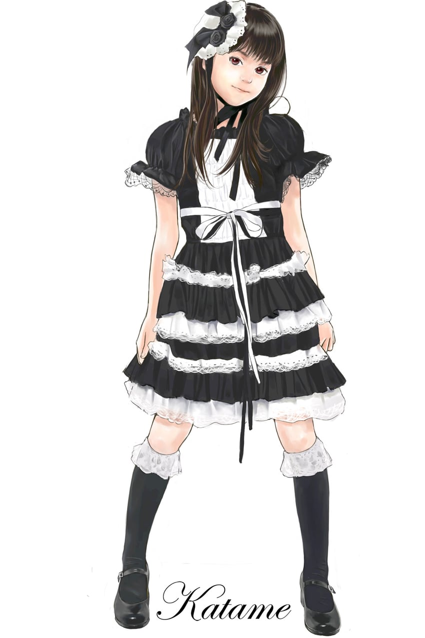 原创 1名女孩 黑色连衣裙 黑鞋 黑袜 软帽