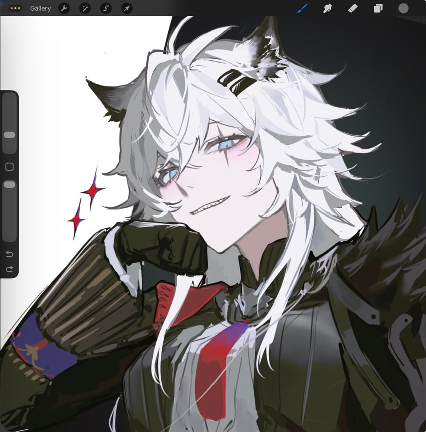 明日方舟、拉普兰德 (明日方舟)、荒芜拉普兰德 (明日方舟) 1名女孩 兽耳毛 画框中的绘图软件 黑色手套 黑色夹克