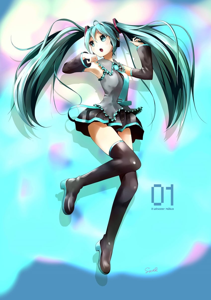VOCALOID、初音未来 1名女孩 水色瞳 水色发 水蓝色领带 黑色裙子