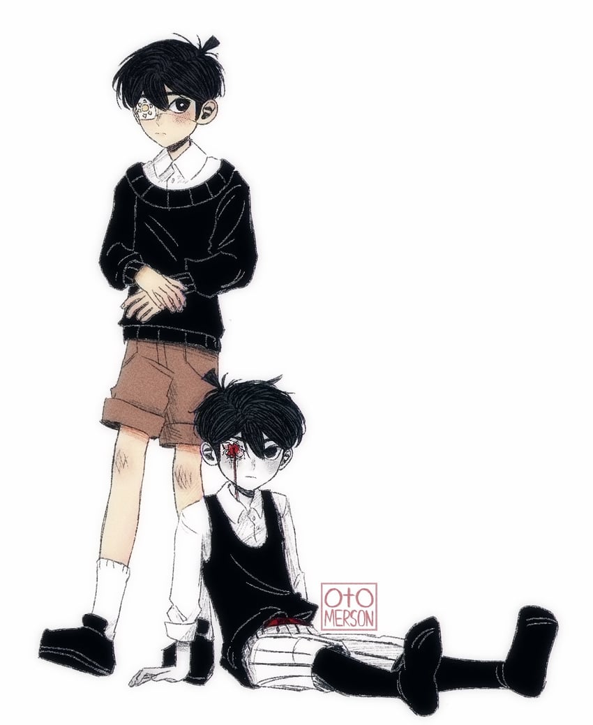 OMORI、Omori (OMORI)、Sunny (OMORI) 2个男孩 替换服装 呆毛 手臂支撑 作者名