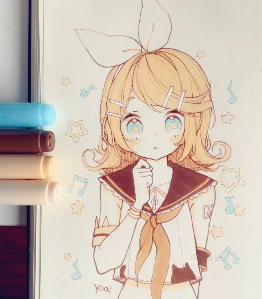 VOCALOID、镜音铃 1名女孩 动物花纹 作者名 黑色水手领 金发