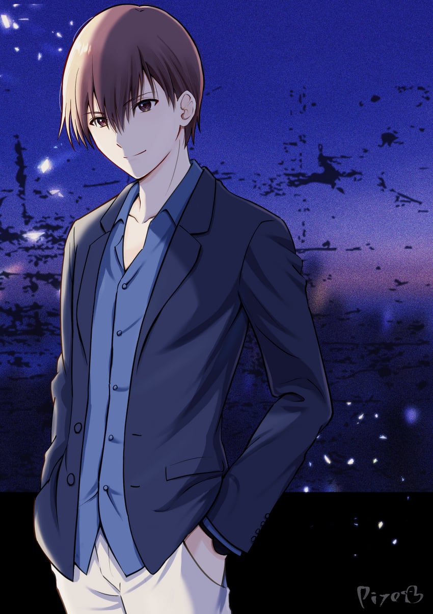 Little Busters!、枣恭介 1名男孩 替换服装 作者名 黑色夹克 蓝色衬衫