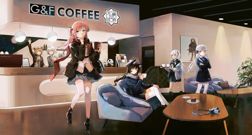 少女前线、AK-Alfa (少女前线)、hk416 (blushing sakura) (girls' frontline) 6个以上女孩 举手 包 黑色靴子 黑色夹克