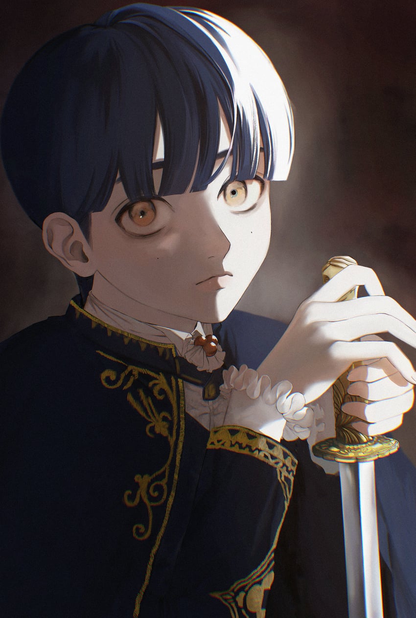 原创 1名男孩 蓝发 蓝色夹克 棕色背景 棕眼睛