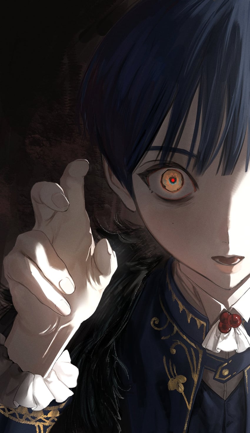 原创 1名男孩 蓝发 蓝色夹克 蓝色背心 棕色背景