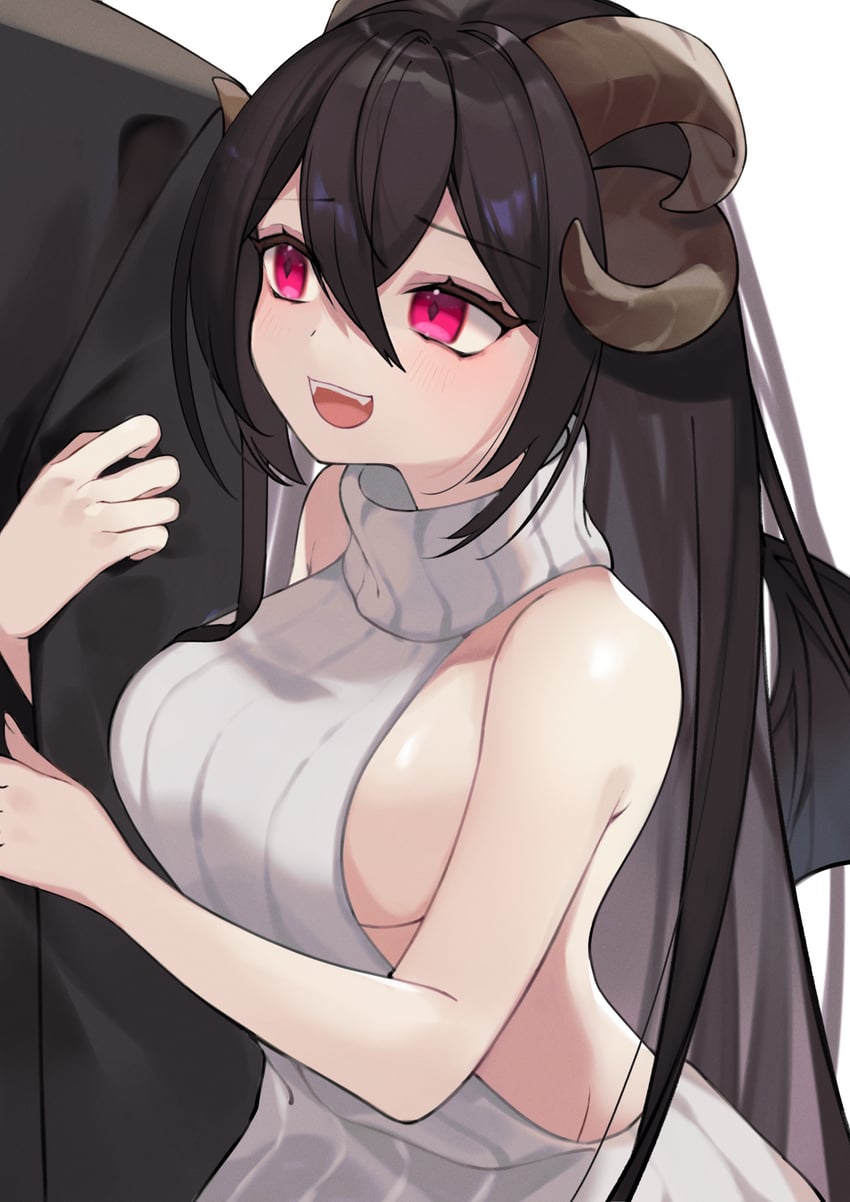 二次元插画 1名女孩 抱住手臂 黑发 黑色翅膀 乳房