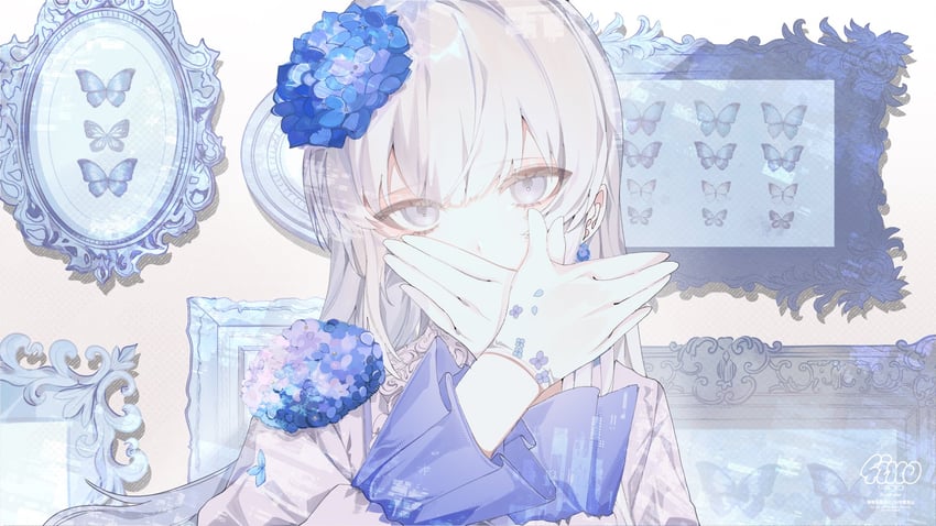 独立唱见、日奈子 (神话绣球花) 1名女孩 蓝蝴蝶 蓝眼 蓝花 蓝色袖子