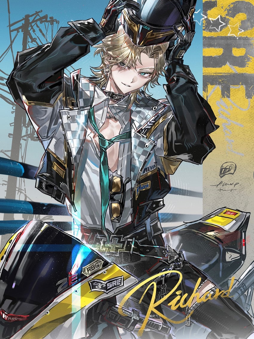 第五人格、理查德·斯特林、richard sterling (sre.richard) 1名男孩 水色瞳 水蓝色领带 举起双手 黑色项圈