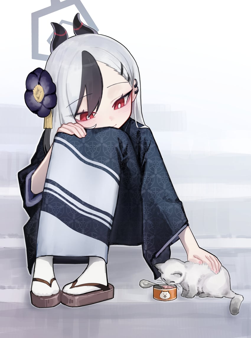 蔚蓝档案、鬼方佳代子 (碧蓝档案)、佳代子 (和服) (蔚蓝档案) 黑色光环 黑角 黑色和服 黑条纹/黑挑染 脸红