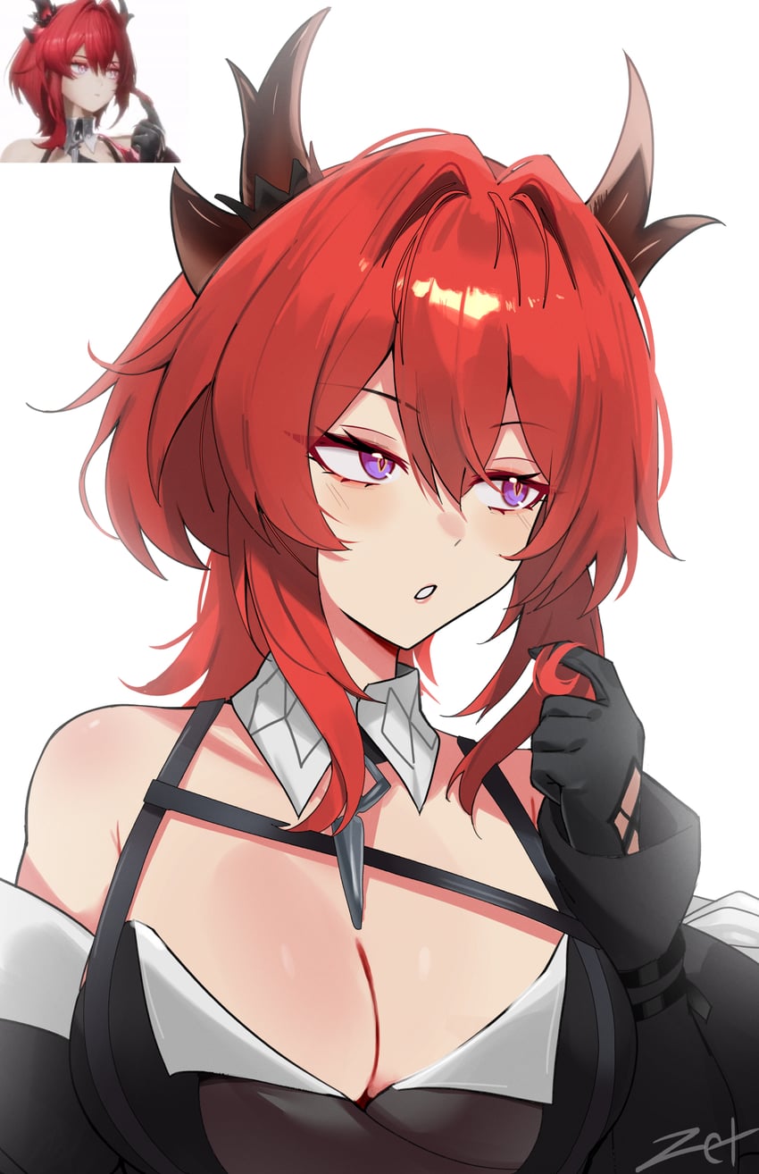明日方舟、明日方舟：终末地、莱瓦汀 (明日方舟) 1名女孩 露肩 黑色手套 黑角 乳房