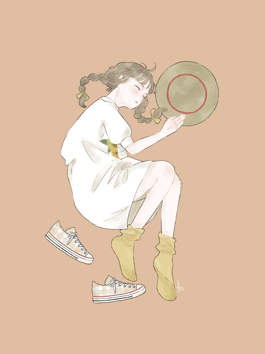 原创 1名女孩 短袜 蝴蝶结 辫子 棕色背景