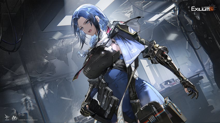 少女前线、少女前线2：追放、DP-12 (少女前线) 1名女孩 弹药袋 铠甲 黑色手套 蓝色连衣裙