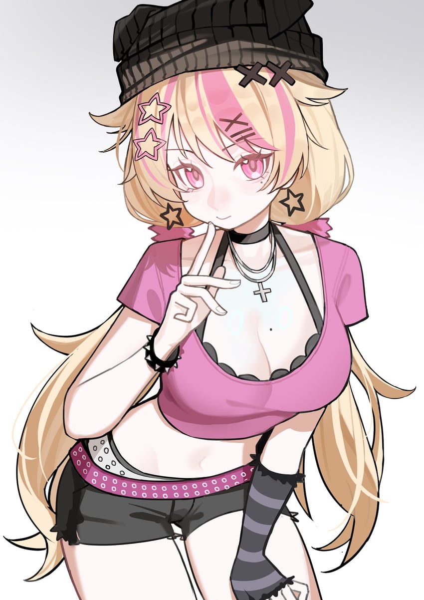 个人势虚拟主播、Suko (Vtuber) 1名女孩 黑色文胸 黑帽子 黑色短裤 金发