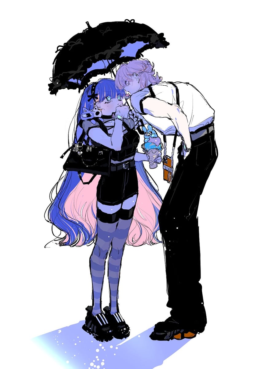 吊带袜天使、聚氨酯 (吊带袜天使)、Stocking (吊带袜天使) 1名男孩 1名女孩 黑色连衣裙 蓝眼 蝴蝶结