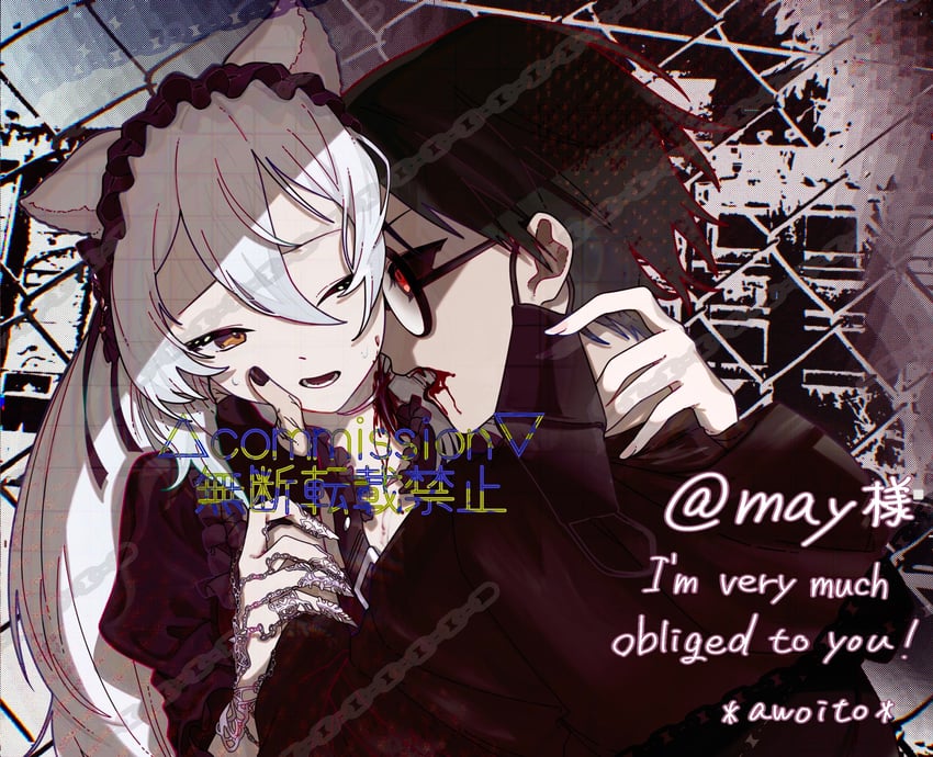 原创 1名男孩 1名女孩 兽耳 铁丝网 黑色连衣裙