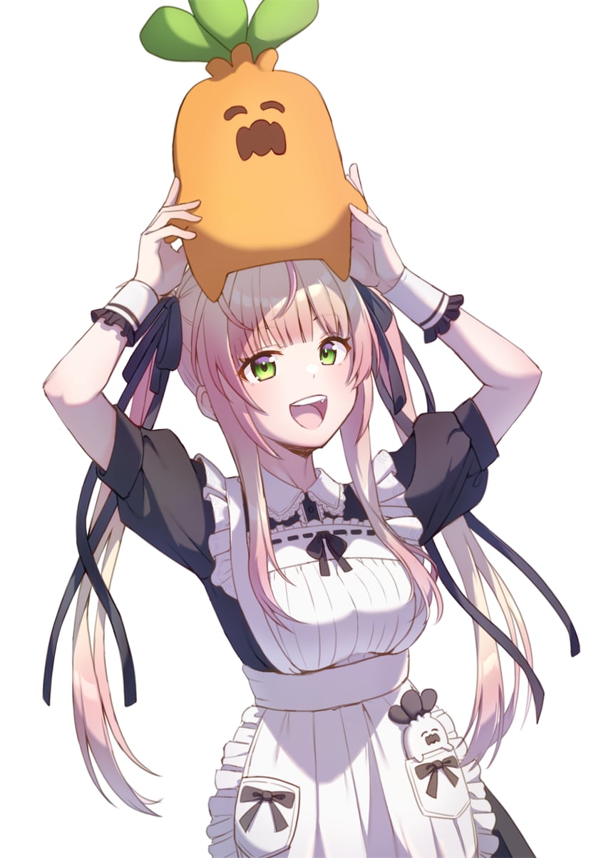 Hololive、桃铃音音、桃铃音音 (女仆) 1名女孩 围裙 举起双手 黑色连衣裙 黑色丝带