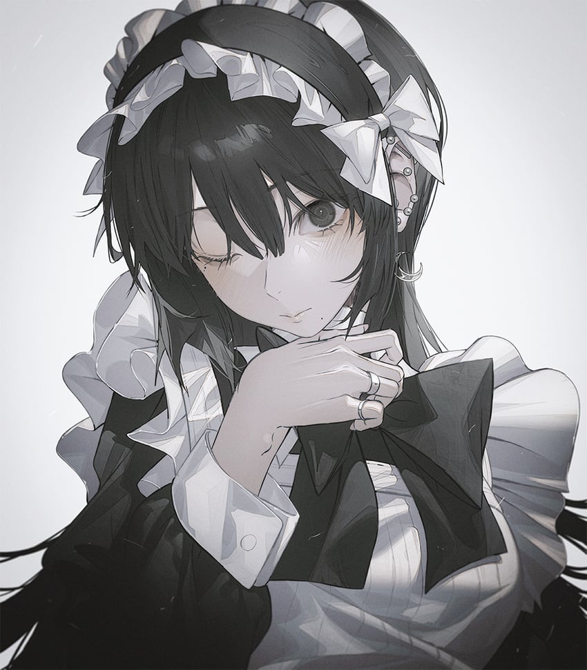 原创 1名女孩 围裙 黑色连衣裙 黑发 黑色丝带